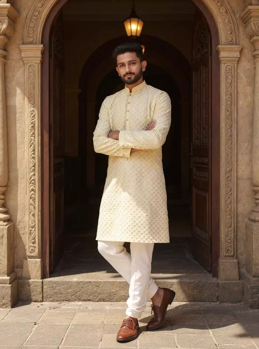 Lemon Floral Thread work Cotton Silk Kurta Pajama
