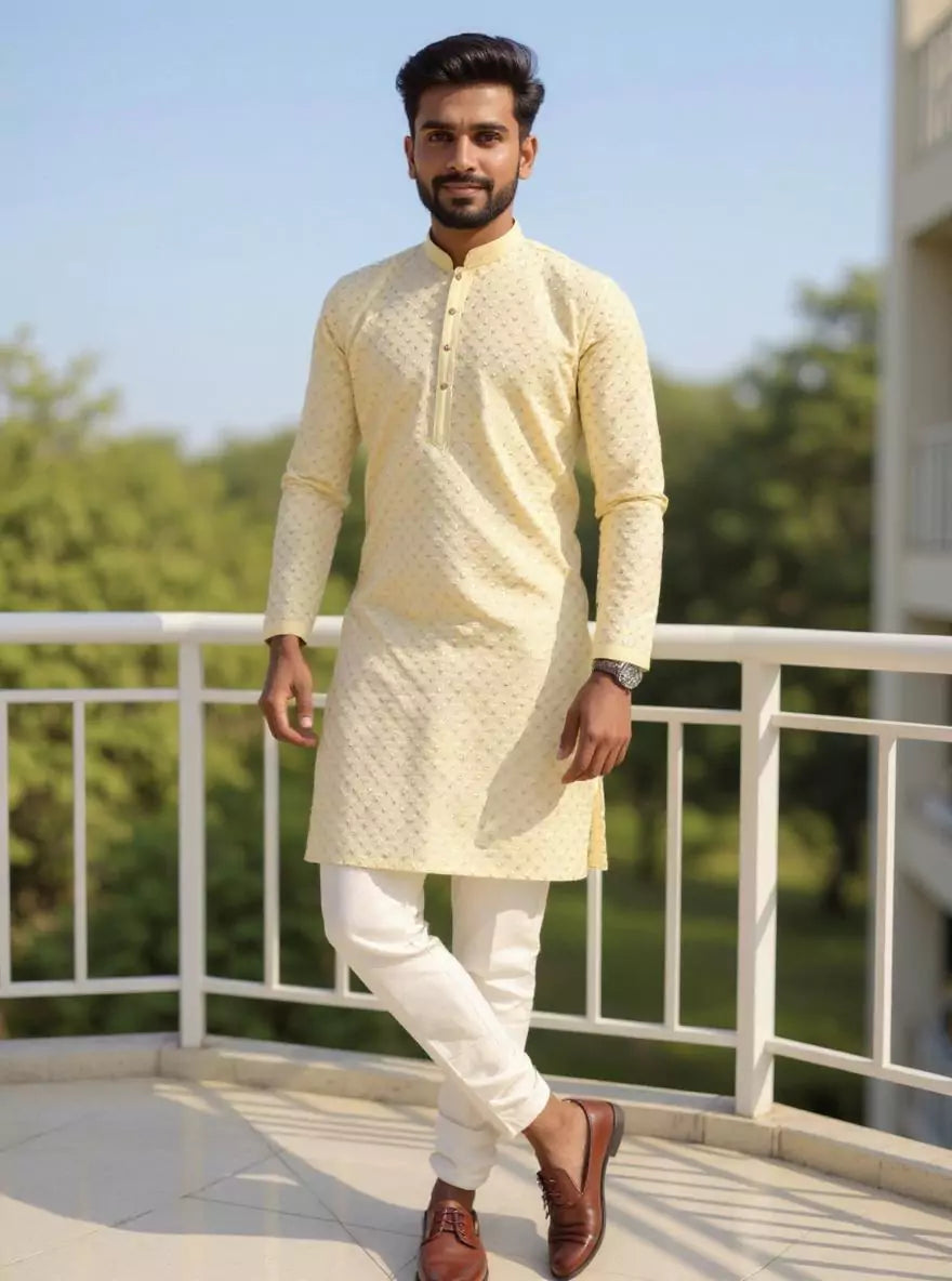 Lemon Floral Thread work Cotton Silk Kurta Pajama