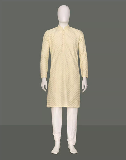 Lemon Floral Thread work Cotton Silk Kurta Pajama