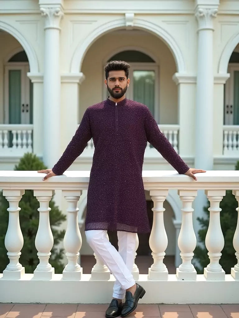All Over Self Floral Thread Embellished work Georgette Wine Kurta Set