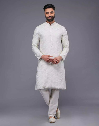 Cream Imperial Patterned Thread Soft Silk Silk Kurta Pajama