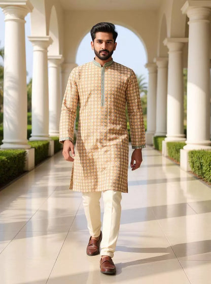 Sea Green Brocade Design Raw Silk Kurta Pyjama Set