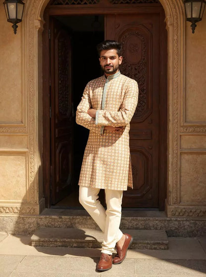 Sea Green Brocade Design Raw Silk Kurta Pyjama Set