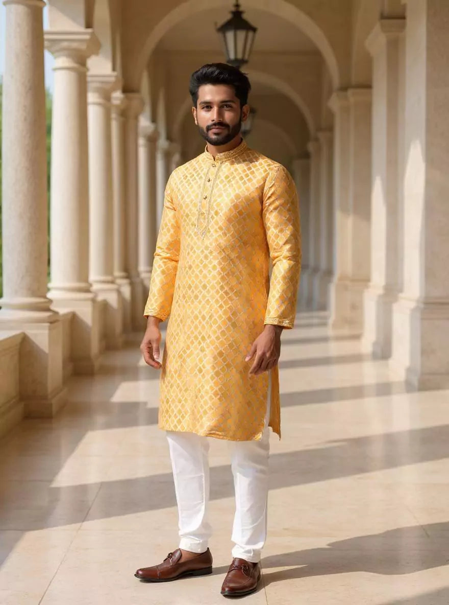 Floral Zari Yellow Cotton Silk Elegance Kurta Pyjama