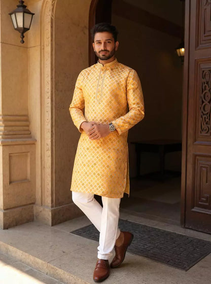 Floral Zari Yellow Cotton Silk Elegance Kurta Pyjama