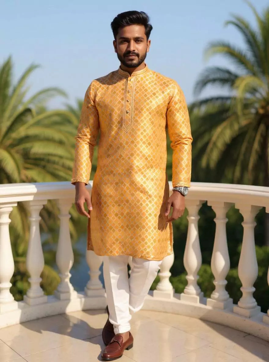 Floral Zari Yellow Cotton Silk Elegance Kurta Pyjama