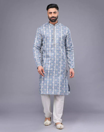 Grey All Over Floral Print Soft Silk Kurta Pyjama Set