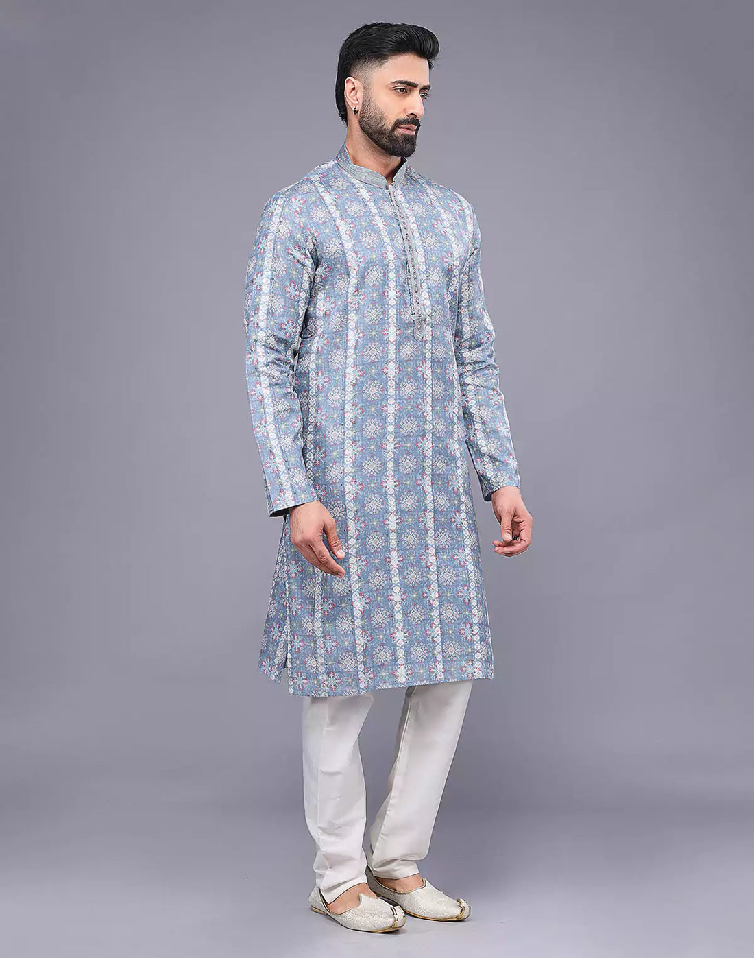 Grey All Over Floral Print Soft Silk Kurta Pyjama Set
