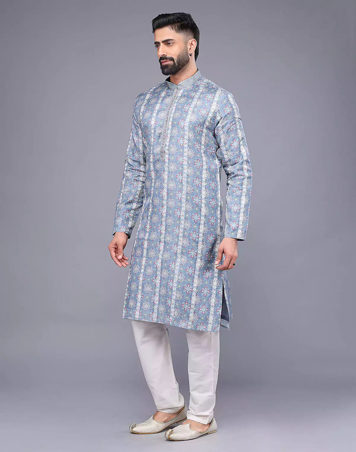 Grey All Over Floral Print Soft Silk Kurta Pyjama Set