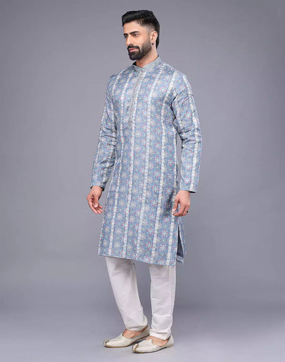 Grey All Over Floral Print Soft Silk Kurta Pyjama Set
