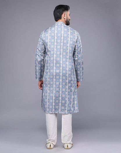 Grey All Over Floral Print Soft Silk Kurta Pyjama Set