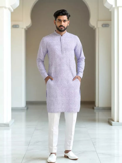 Lilac Color Ikat Print Span-Cotton Kurta Set