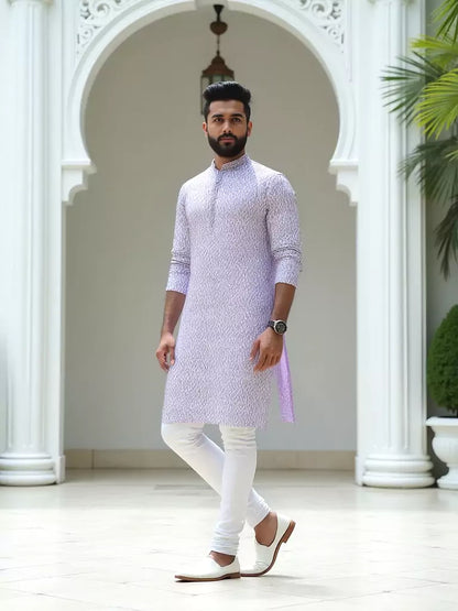 Lilac Color Ikat Print Span-Cotton Kurta Set