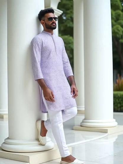 Lilac Color Ikat Print Span-Cotton Kurta Set