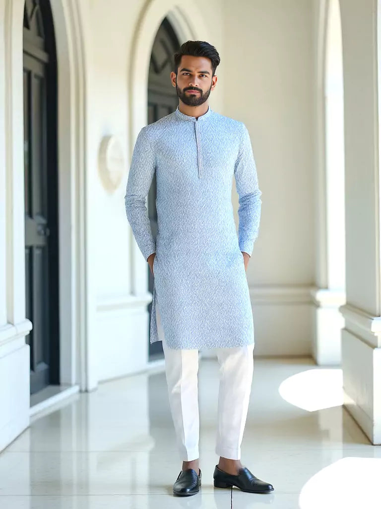 Sky Blue Ikat Print Span Cotton Kurta Set