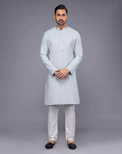 Self Imperial Patterned Elegant Sky Coloured Soft Silk Kurta Set