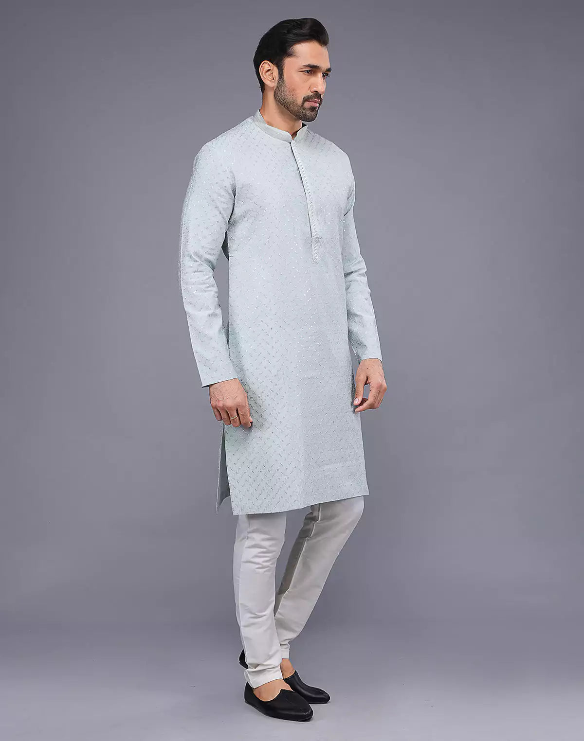 Self Imperial Patterned Elegant Sky Coloured Soft Silk Kurta Set