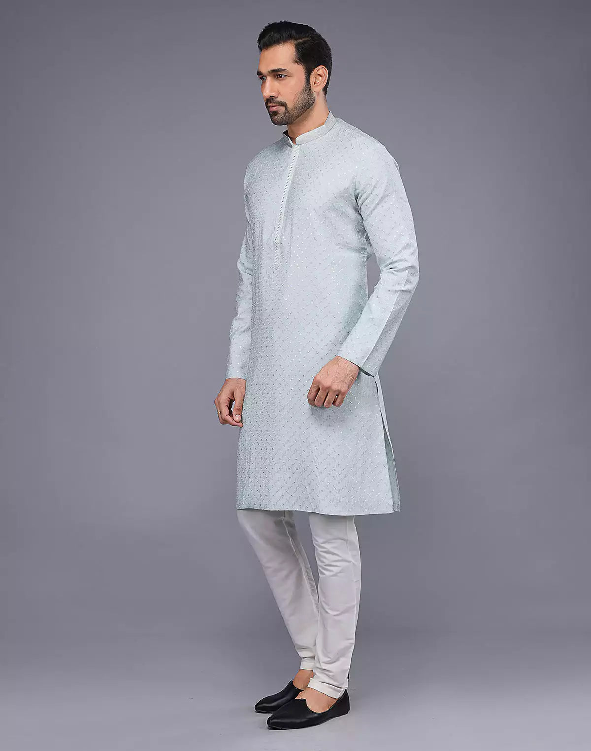 Self Imperial Patterned Elegant Sky Coloured Soft Silk Kurta Set