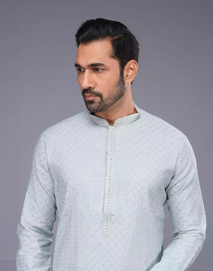 Self Imperial Patterned Elegant Sky Coloured Soft Silk Kurta Set
