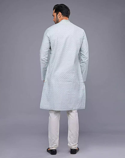 Self Imperial Patterned Elegant Sky Coloured Soft Silk Kurta Set