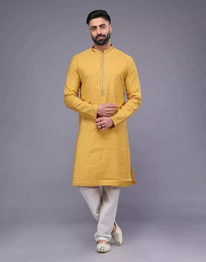 Self Imperial Patterned Elegant Yellow Soft Silk Kurta Set