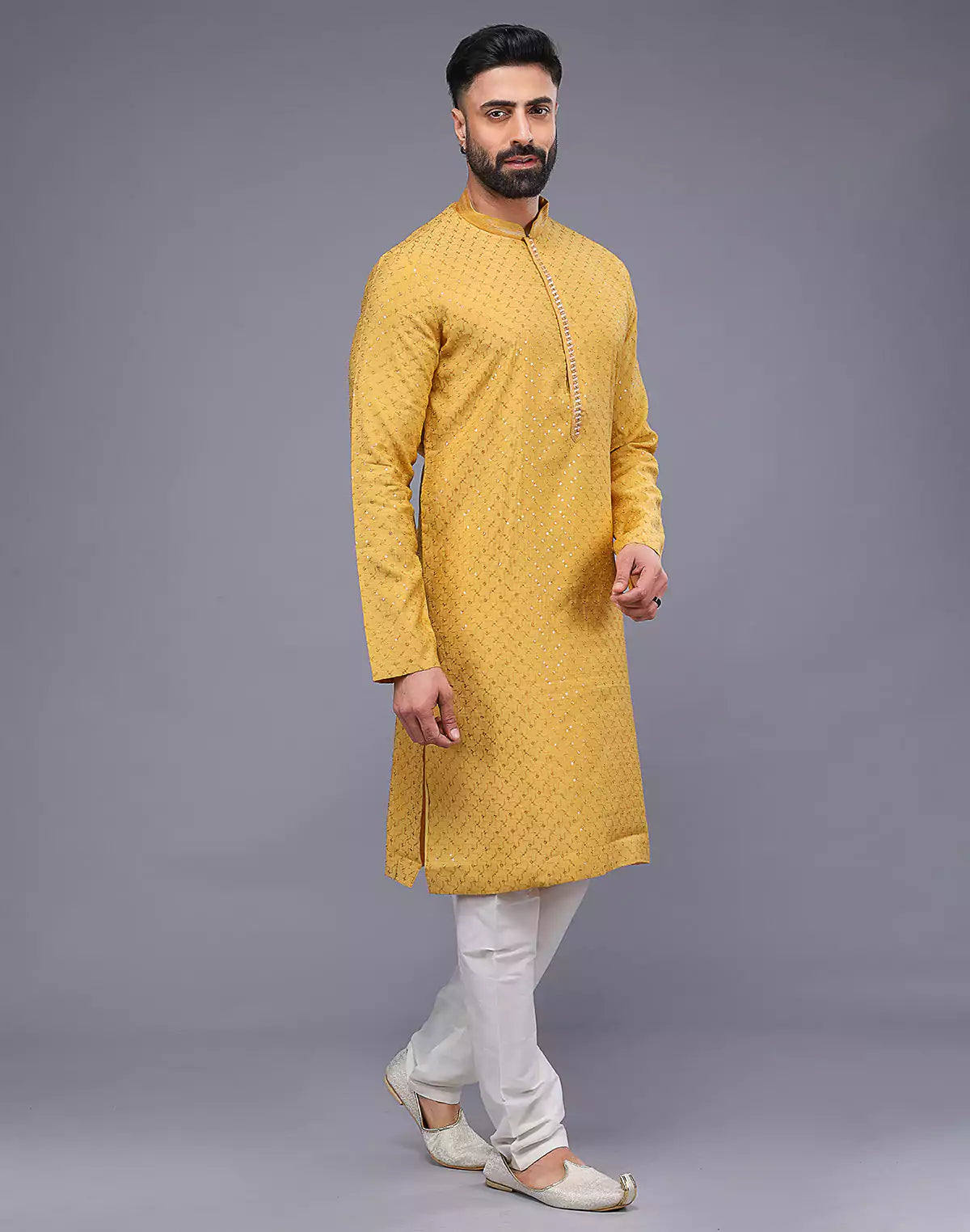 Self Imperial Patterned Elegant Yellow Soft Silk Kurta Set