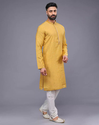 Self Imperial Patterned Elegant Yellow Soft Silk Kurta Set