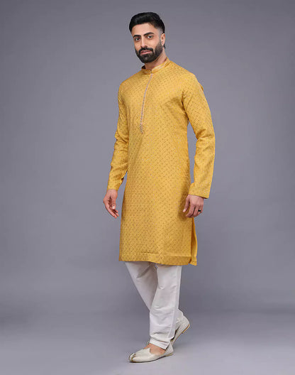 Self Imperial Patterned Elegant Yellow Soft Silk Kurta Set