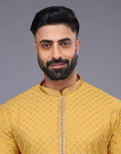 Self Imperial Patterned Elegant Yellow Soft Silk Kurta Set