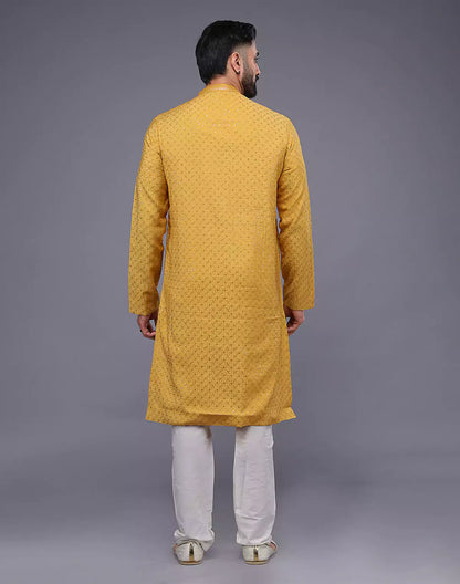 Self Imperial Patterned Elegant Yellow Soft Silk Kurta Set