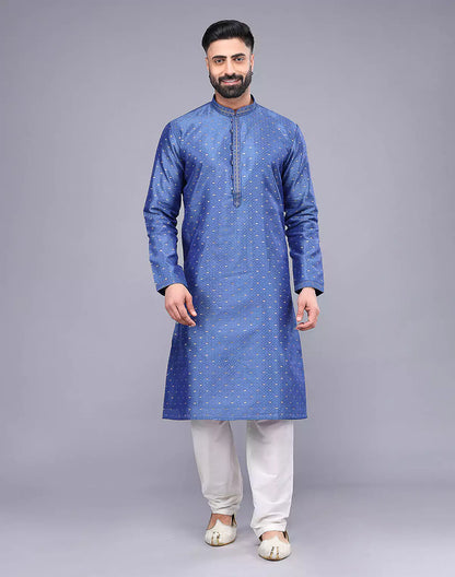 Blue All Over Bootis and Self Weaving Soft Silk Kurta Set