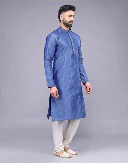 Blue All Over Bootis and Self Weaving Soft Silk Kurta Set