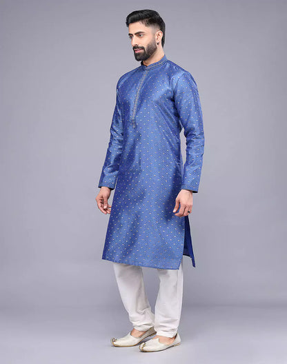 Blue All Over Bootis and Self Weaving Soft Silk Kurta Set