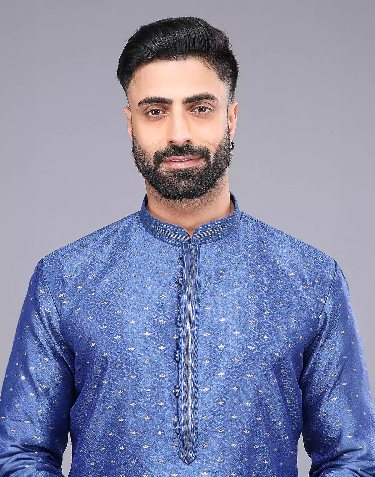 Blue All Over Bootis and Self Weaving Soft Silk Kurta Set