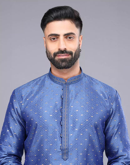 Blue All Over Bootis and Self Weaving Soft Silk Kurta Set