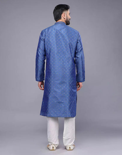 Blue All Over Bootis and Self Weaving Soft Silk Kurta Set