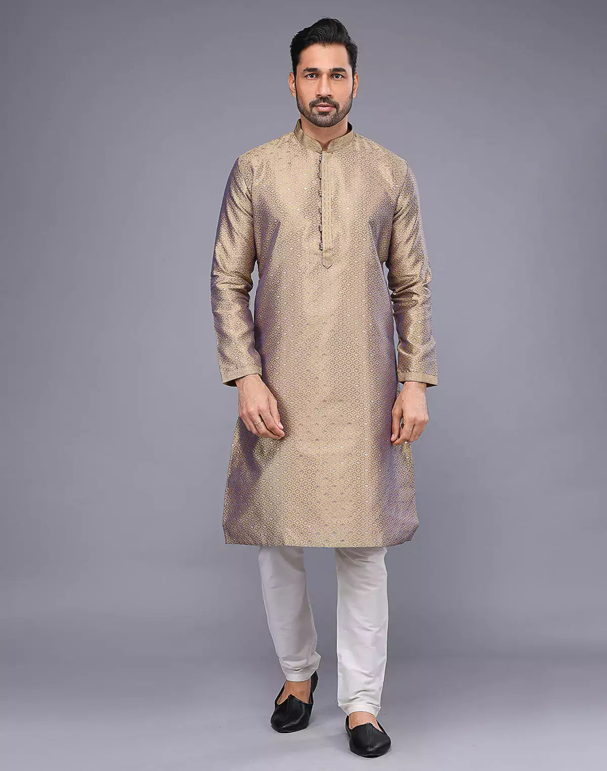 Chiku Coloured Floral Bootis and Weaving Soft Silk Kurta Pyjama Set
