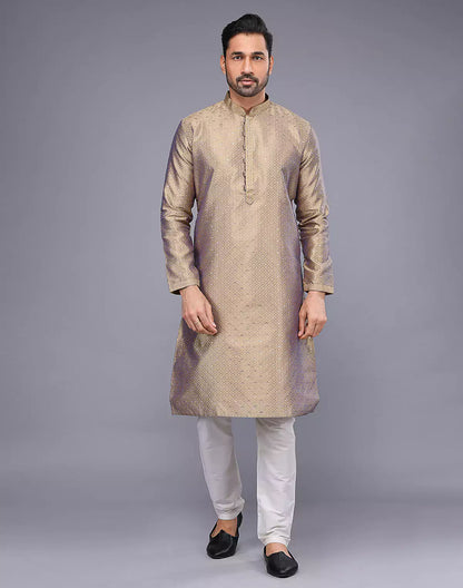 Chiku Coloured Floral Bootis and Weaving Soft Silk Kurta Pyjama Set
