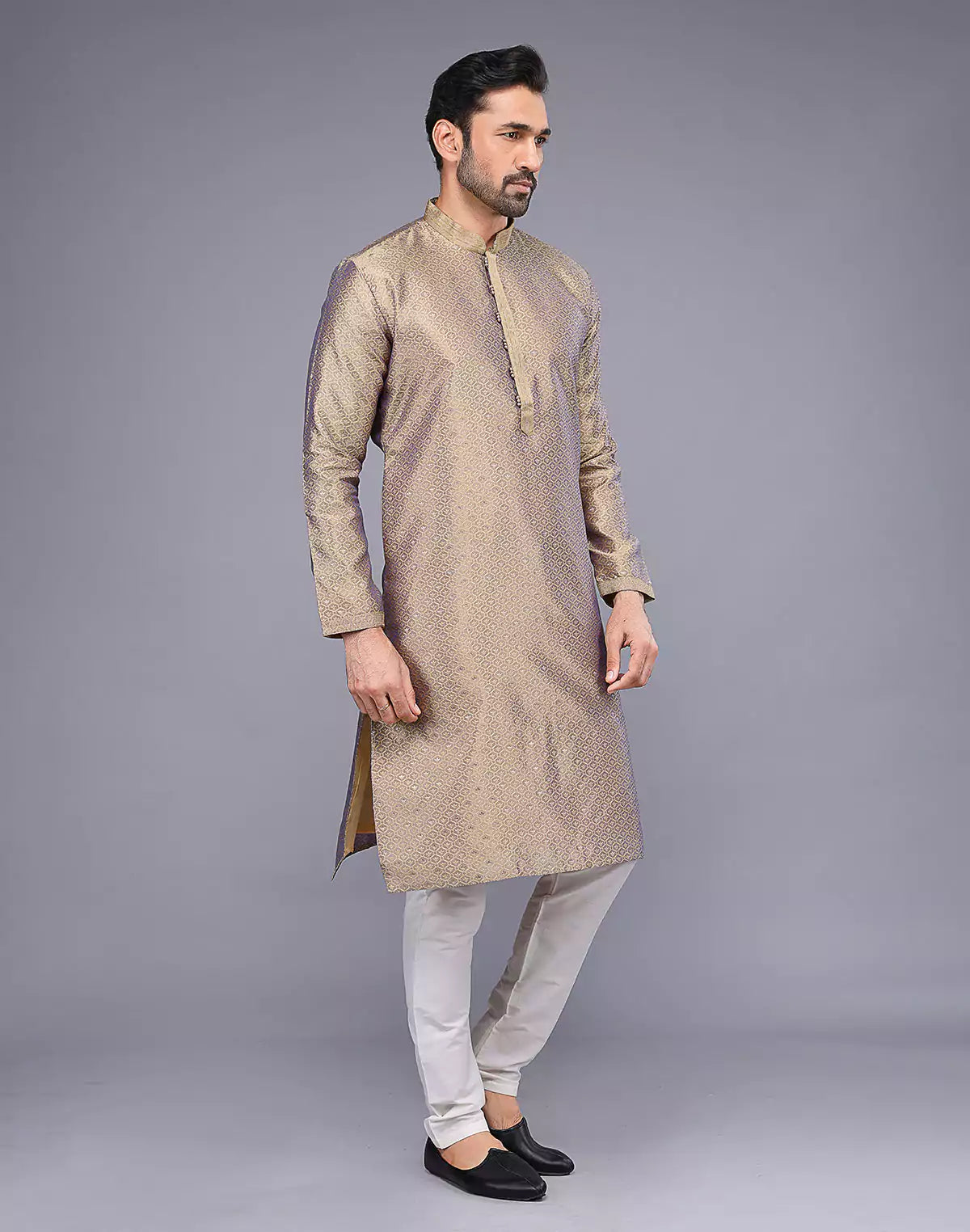 Chiku Coloured Floral Bootis and Weaving Soft Silk Kurta Pyjama Set