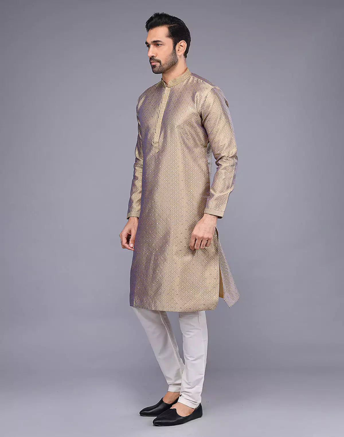 Chiku Coloured Floral Bootis and Weaving Soft Silk Kurta Pyjama Set