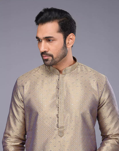 Chiku Coloured Floral Bootis and Weaving Soft Silk Kurta Pyjama Set