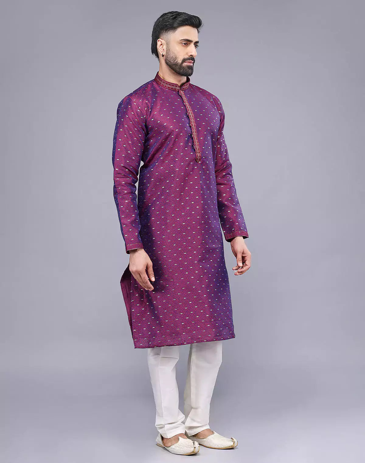 Purple Soft Silk Floral Bootis and Self Weaving Kurta Pyjama Set