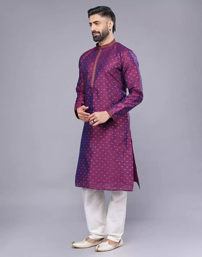 Purple Soft Silk Floral Bootis and Self Weaving Kurta Pyjama Set