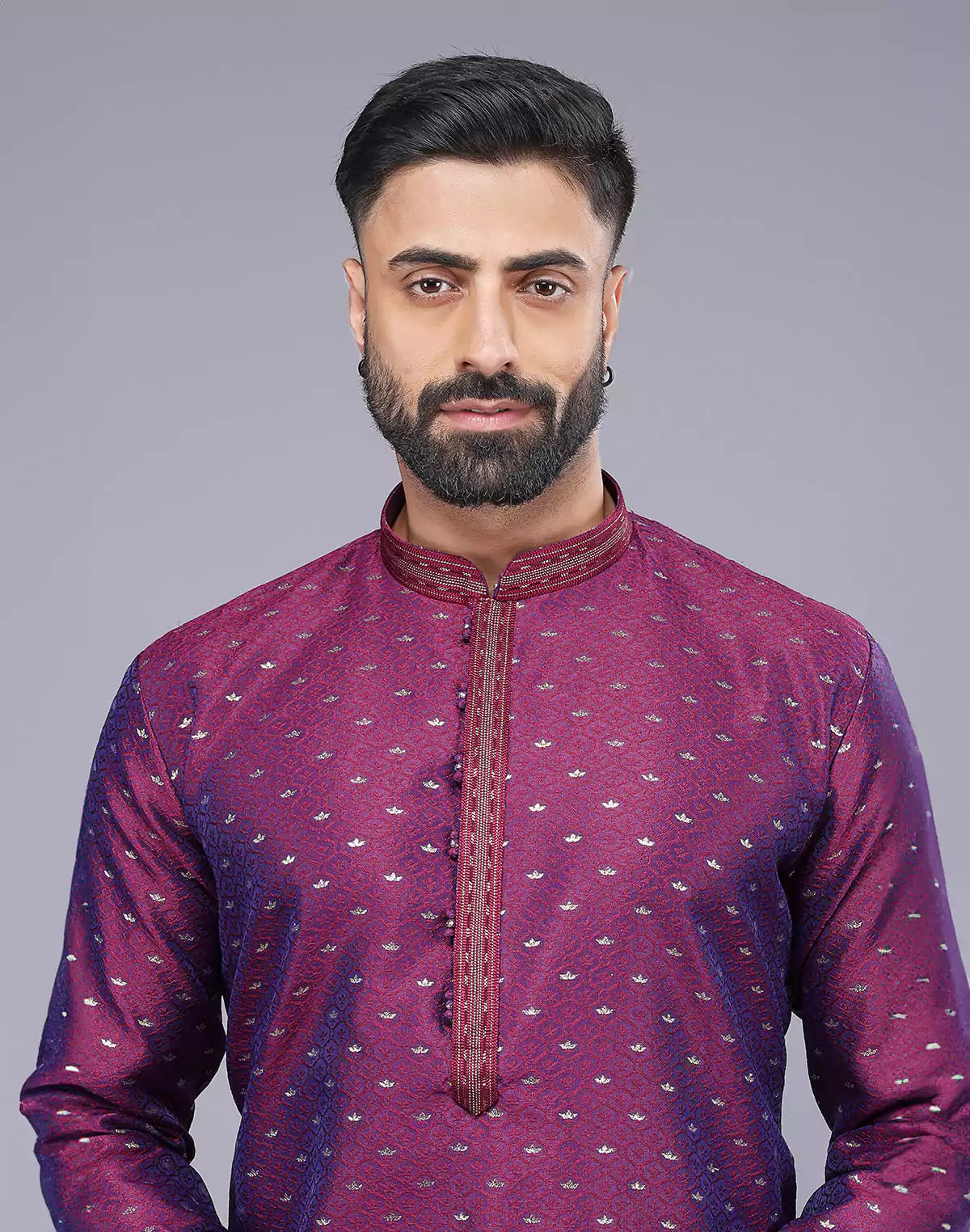 Purple Soft Silk Floral Bootis and Self Weaving Kurta Pyjama Set