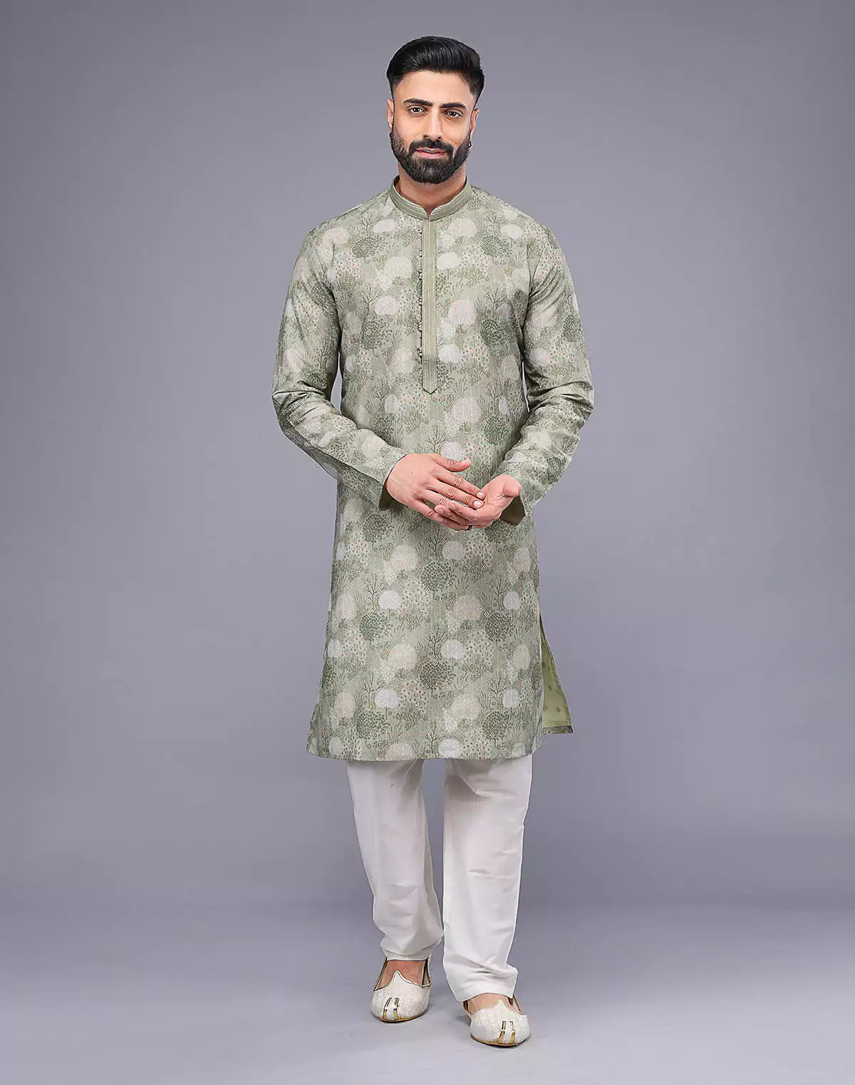 Graceful Light Pista Botanical Weaving Raw Silk Kurta Pyjama Set
