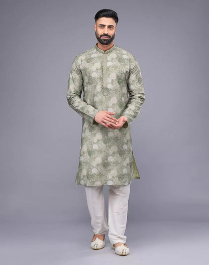 Graceful Light Pista Botanical Weaving Raw Silk Kurta Pyjama Set