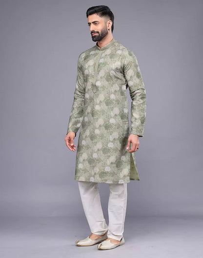 Graceful Light Pista Botanical Weaving Raw Silk Kurta Pyjama Set