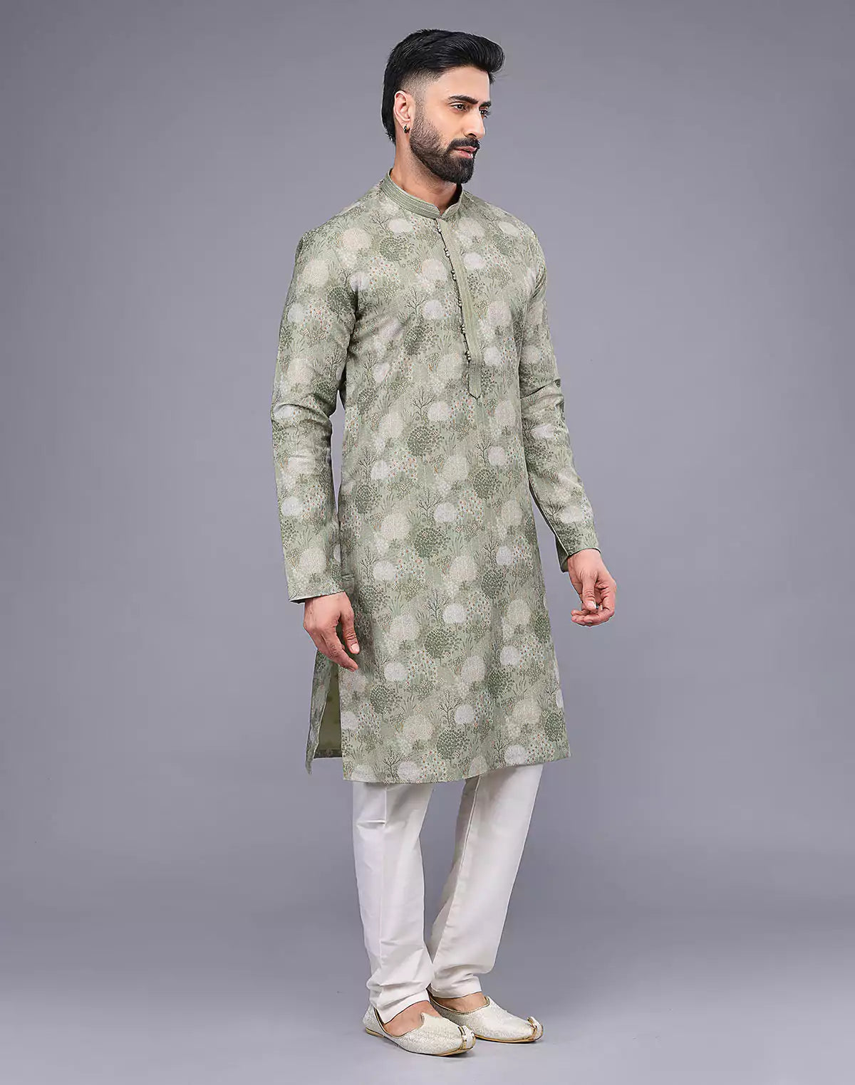 Graceful Light Pista Botanical Weaving Raw Silk Kurta Pyjama Set