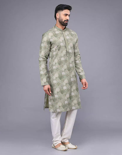 Graceful Light Pista Botanical Weaving Raw Silk Kurta Pyjama Set