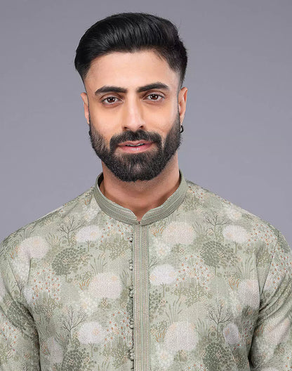 Graceful Light Pista Botanical Weaving Raw Silk Kurta Pyjama Set